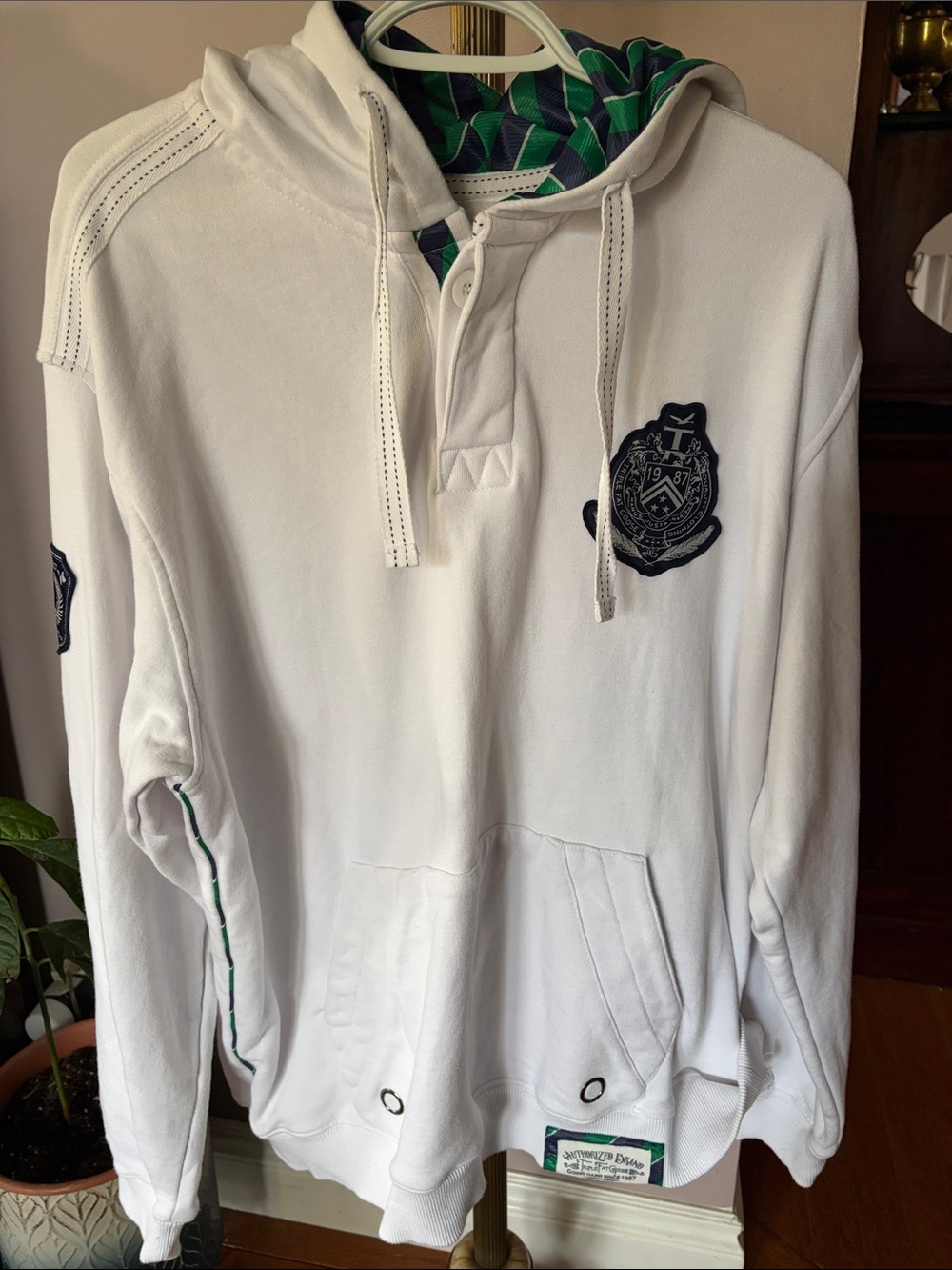Triple FAT Goose Rare 90’s Men's White Hooded Pullover with Navy Crest- Pristine